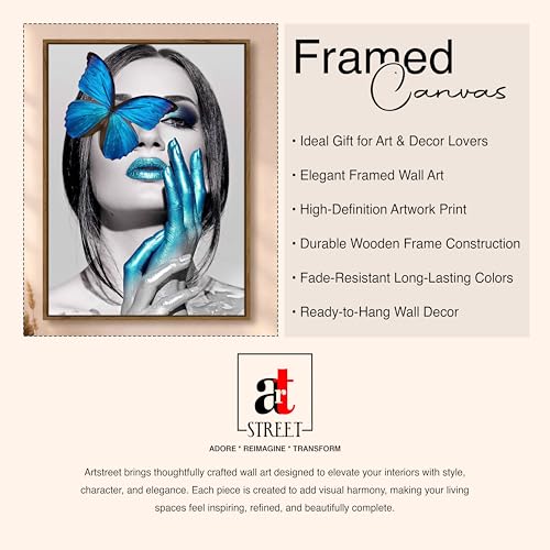 Image of Woman Portrait Pop Framed Canvas Painting For Living Room | Modern Butterfly Abstract Wall Art For Livingroom Wall Decor, Home Decor, Bedroom, Hallway's, Office, Hotel - 43x58 cm