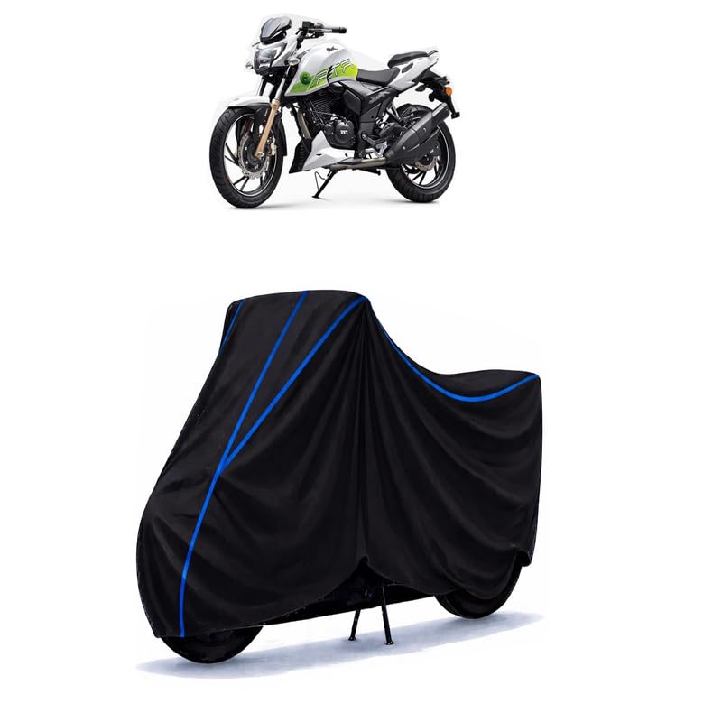 Image of TVS Apache 310 Bike Cover Water Resistant Universal Motorcycle Rain | Heavy Duty UV Protection, Dust, Scratch Indoor Outdoor All Weather with Black Blue Piping Elastic