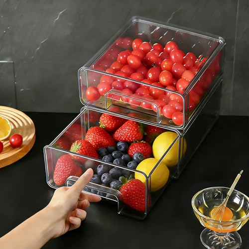 2 Pack Fridge Drawers with Lids, Stackable Pull-Out Food Bins with Lid & Vent System, PET Containers for Fruits, Veggies - Detailed View
