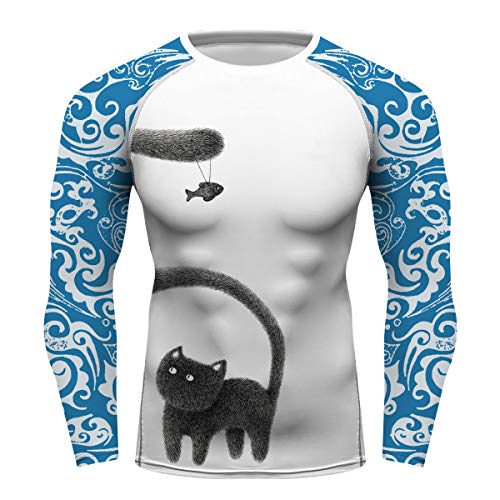 Men's Long Sleeve Rash Guards MMA BJJ Fitness Training Tshirt Cute Black Cat Tee