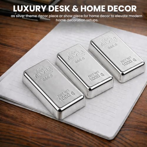 Image of ZAHEPA Realistic Metal Silver Bar Paperweight for Office Table, Fake Silver Biscuit Paper Weight Table Decoration, Prop for Jewellery Shop & Heist Theme, Unique Gift for Home & Office (Pack of 3)