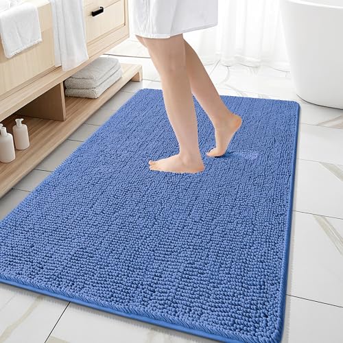 Image of OLANLY Large Bathroom Rugs 59x35, Soft Absorbent Chenille Bath Rugs, Rubber Backing Quick Dry, Machine Washable Bath Mats for Bathroom Floor, Tub and Shower, Home Decor Accessories, Cornflower Blue