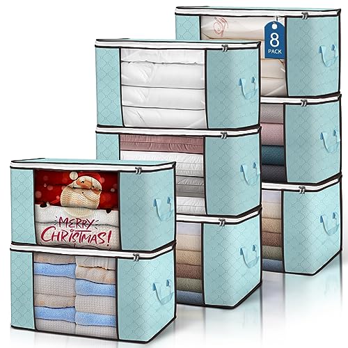 Image of Budding Joy 90L Large Storage Bags, 8 Pack Clothes Storage Bins Foldable Closet Organizer Storage Containers with Durable Handles Storage and Organization, Blanket, Pillows and Toys (Blue)
