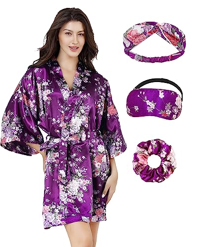 Image of EPLAZA Womens Floral Satin Robe Bride Bridesmaid Robes Wedding Kimono