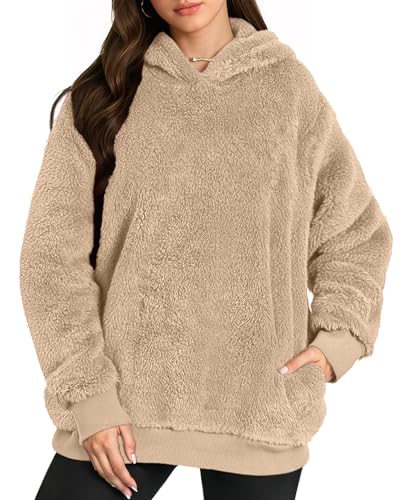 MANGOPOP Fleece Pullover for Women Oversized Sherpa Hoodie Cute Fuzzy Sweatshirt with Pockets Windproof Winter Outfits 2025 Khaki