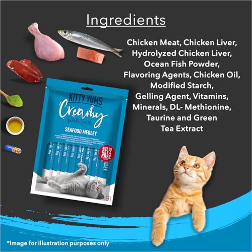 Image of Kitty YUMS Adult & Kitten Creamy Lickable Cat Treats 360g (15g x24 Pieces) | Seafood Medley Flavour | Rich in Protein | Taurine for Heart & Vision | Ideal for Training & Bonding | Promotes Hydration