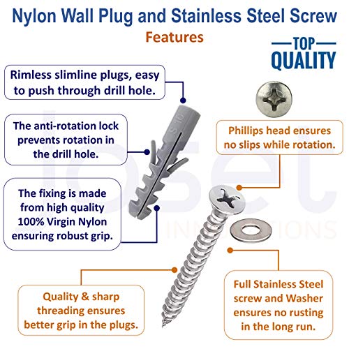 Image of 10 mm Diameter Nylon Dry Wall Rawl Plugs /Gitti, Stainless Steel Screws Flat Phillips Head Counter Sunk (CSK) Type and Washers (Set of 10 - Total 30 pc pack)