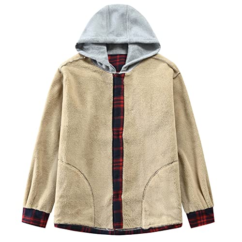 Image of Men's Cotton Plaid Shirt Jacket Fleece Flannel Sherpa Button Down