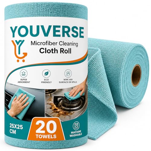 Image of Microfiber Cleaning Cloth Roll - 20Pcs | 4000 Times Washable | 25x25 cm Tear-Away Reusable Kitchen Towel, Car, Glass, Home Cleaning | Ultra Absorbent Lint-Free (Blue)