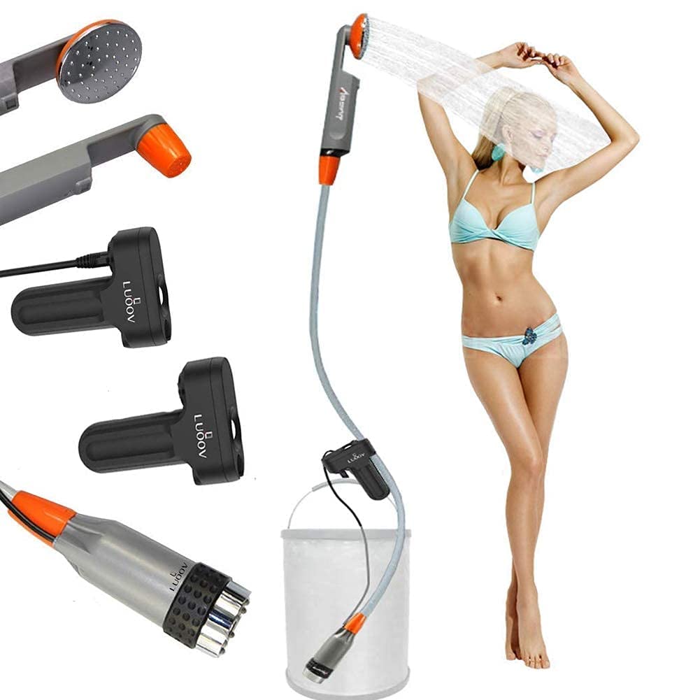 titivatePortable Camping Shower Head, Portable Rechargeable Outdoor Shower Pump with Rechargeable Detachable USB Batteries and Suction Cup Holder for Camping, Hiking, Traveling or Fishing (Gray B)