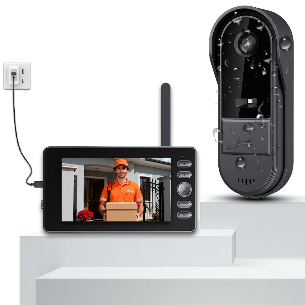Winnes Türklingel mit Kamera Kabellos Wasserdicht IP65, Drahtlose Video Türklingel mit 1080P 4,3'' IPS-Bildschirm, Kabellose Video doorbell mit Kamera,170° Weitwinkel,1800mAh Akuu