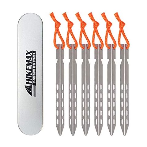 Hikemax Ultralight Titanium Tent Stakes 6 Pack - V-Shaped Tent Pegs with Reflective Pull Cords - Made for Camping Cover
