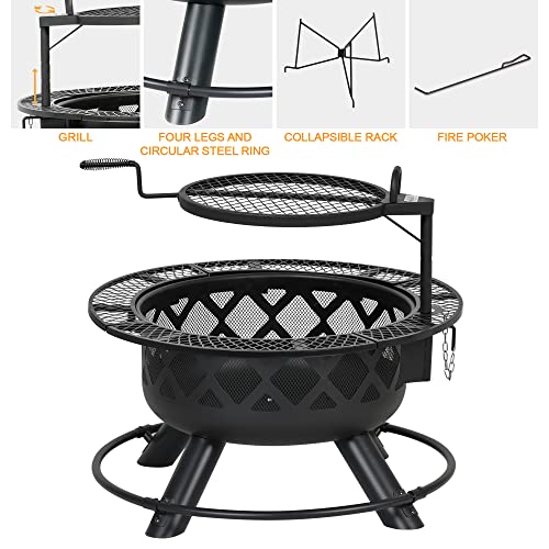 Bali Outdoors Wood Burning Fire Pit, 32 Inch Outdoor Backyard Patio Fire Pit With 18.7 Inch Cooking Grill Grate, Black #TOP5