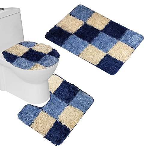 Amagical 3 Piece Bathroom Carpet Pedestal Lid Mat Toilet Cover Set Microfiber (Blue) #TOP22