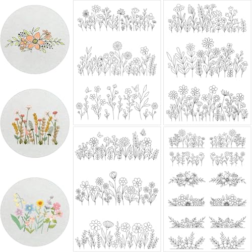 4 Feuilles 50 Pièces Stabilisateur Broderie, Papier Soluble Autocollant, Kit Point Pratique avec Floraux Transfert Broderie, pour Débutants et Enthousiastes