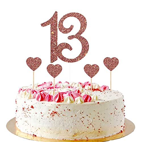 Image of Festiko 13 Cake Topper for 13th Birthday Cake Topper with Heart Cupcake Toppers, Number Thirteen, 13 Years Old, Teenager Birthday Wedding Anniversary Party Decorations (Rose Gold Glitter 5pcs)