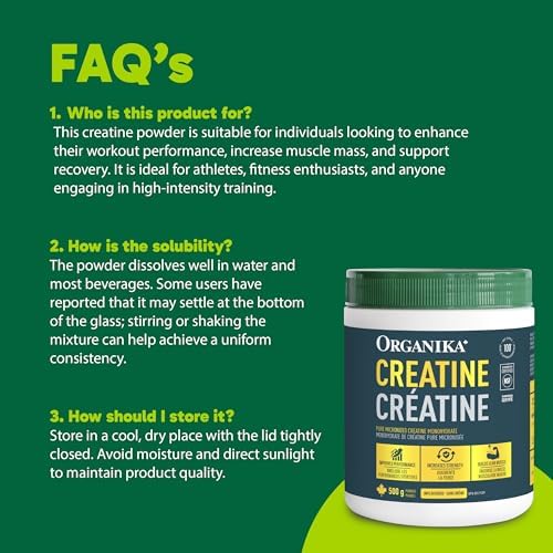 Organika Canadian-Made Creatine Powder- Pure Micronized Creatine Monohydrate - Helps Build Lean Muscle, Increase Strength, and Improved Recovery and Performance for Men and Women - 500g, 100 servings — view 5