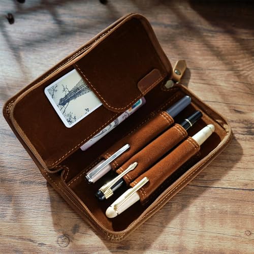 AIGUONIU Estojo de couro vintage para caneta-tinteiro com 3 compartimentos divididos, bolsa com zípe