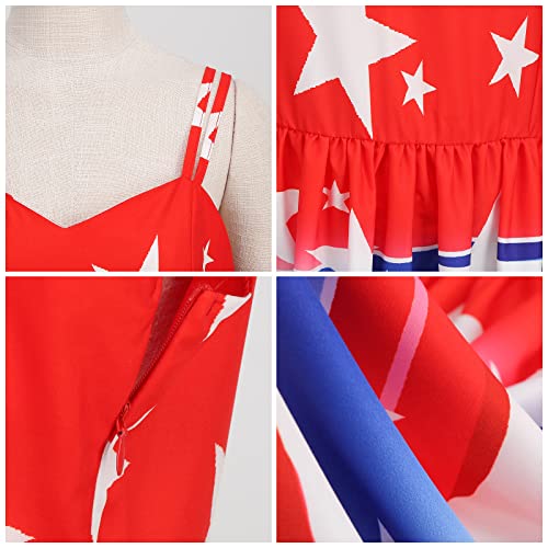 Image of OBEEII Womens 4th of July Dress Retro Spaghetti Strap American Flag Midi Dress Summer Cocktail A-line Swing Dress