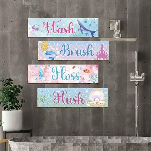 4 letreros de baño Vagafilla de madera con temática de sirena de océano para colgar 4