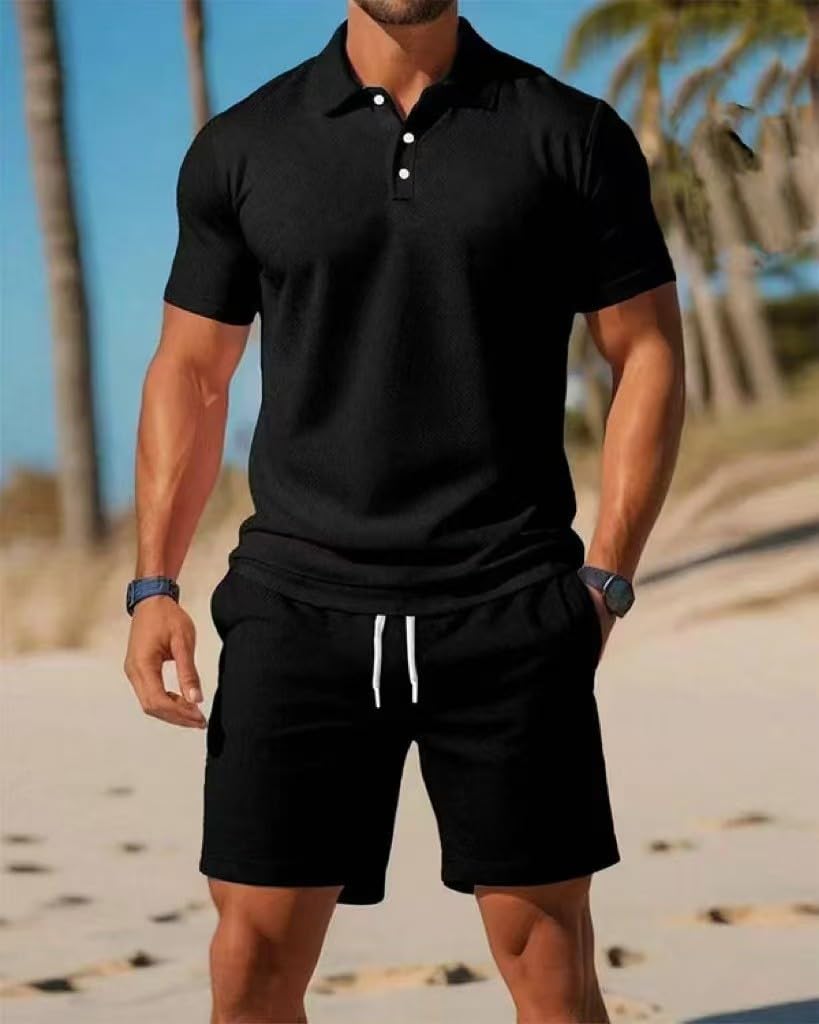 Conjunto de 2 piezas para hombre, camiseta polo y pantalones cortos, conjunto deportivo deportivo para correr y verano — view 7