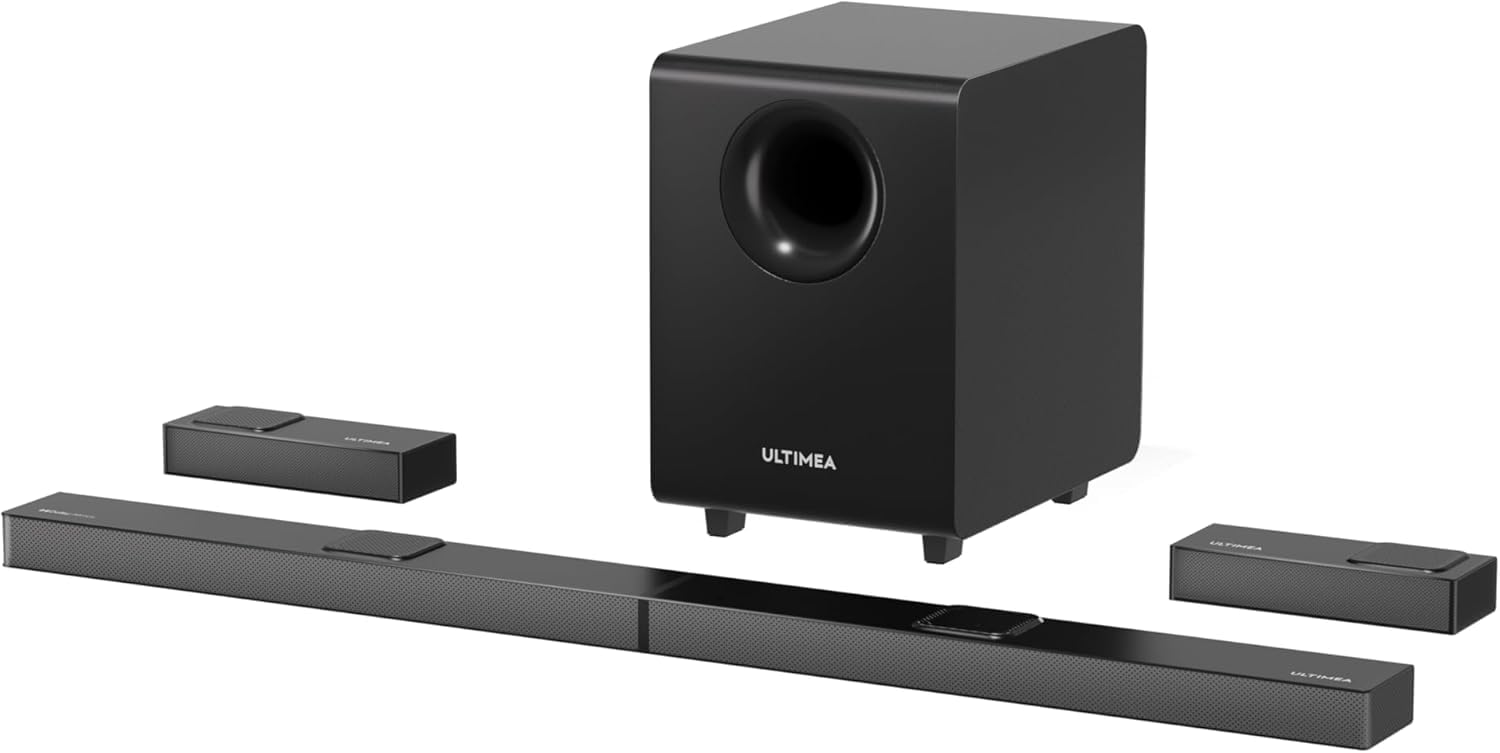 ULTIMEA 7.1.4ch Sound Bar for TV, with Dolby Atmos, 740W Soundbar Surround Sound System, with Adjustable 8″ Wireless Subwoofer and 2 Rear Speakers, Home Theatre Sound Bars for Smart TV, Nova S90