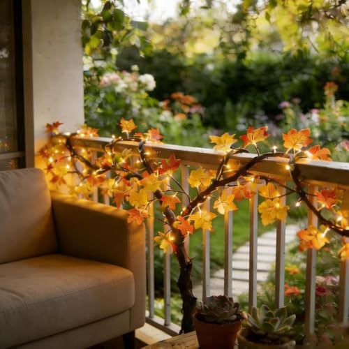 Image of Decorative Maple Leaf Vine String Lights 5.25 ft, 72 LED Fairy Lights with Remote Control, 8 Lighting Modes, USB Powered Wall Decoration Lights for Bedroom, Wedding & Festival