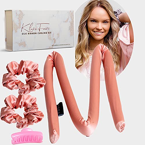 Heatless Hair Curlers Silk Scrunchies -100% Silk Heatless Curling Rod Headband with 2 Silk Hair Ties and 1 Hair Clip | Authentic Grade 6A 22 MM Mulberry Silk Heatless (Rose Gold)