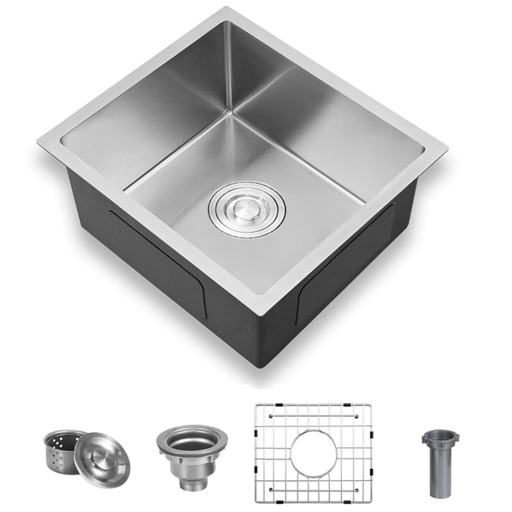 View 1 of 18 x 19 Inch Undermount Bar Kitchen Sink 304 Stainless Steel Deep Single Bowl Workstation Sink Modern Under Counter Handmade Round Corner Basin with Dish Grid & Drain