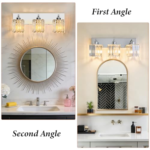 Image of Brushed Chrome Crystal Bathroom Vanity Light, 3-Light Modern Bathroom Lighting Fixtures Over Mirror,Chrome Wall Sconce Light Fixtures with Square Shade