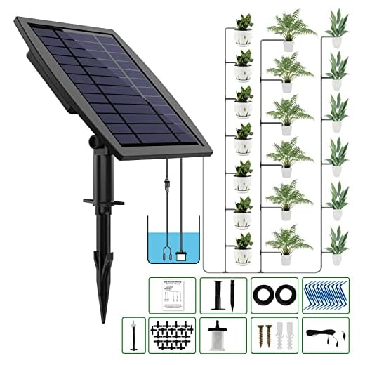 Solar Automatic Drip Irrigation Kit System, JIYANG Solar Powered Auto Easy DIY Watering Device Supported Pots Plants, 12 Timing Modes with Anti-Siphoning Device (Supported 20-30 Pots, 12Timing Modes)
