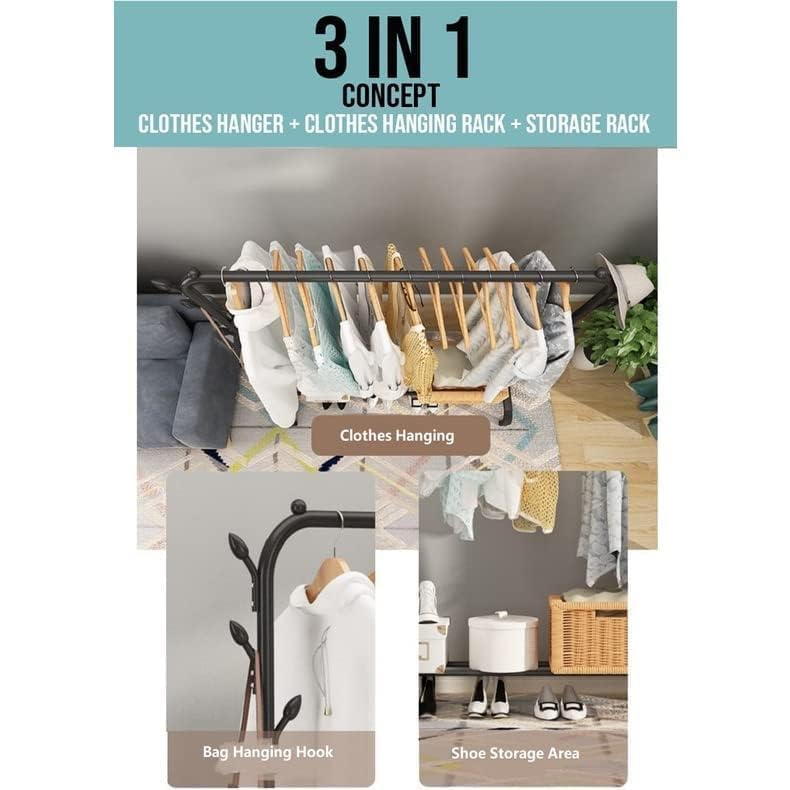 Image of Heavy Duty Clothes Drying Stand for Clothes - Double Rod Cloth Drying Stand Metal with Wheels & Side Hooks | Foldable Clothes Rack Kapde Stand for Balcony,Bedroom,Home