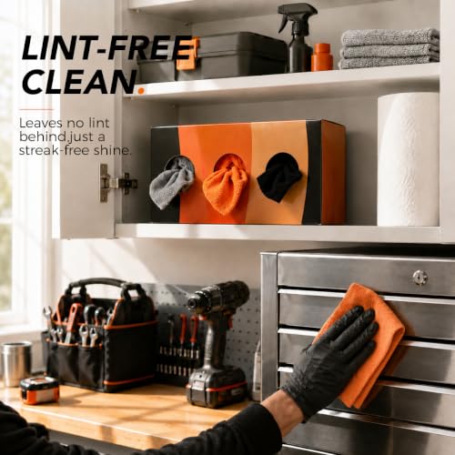 Image of UNIMADE Microfiber Cleaning Cloth, 150 Pack Microfiber Towels for Cars | Reusable Paper Towels Lint Free Shop Rags with Box for Home Kitchen Automotive, 11 inchx 9 inch, Grey & Orange & Black
