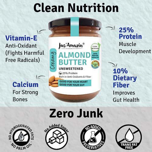 Image of Jus' Amazin Creamy Almond Butter - Unsweetened (500 g) Pack of 2 | 25% Protein | Only Whole Almonds (100% Pure) | Zero Additives | Keto | Plant Based Nutrition | Clean Nutrition