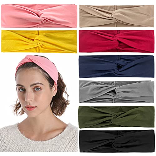 8 Pack Boho Headbands for Women: No Slip Head Bands Cross Knot Hair Band Elastic Stretchy Wide Bow Hair Wraps Accessories for Yoga Sports Running Workout, Solid Color