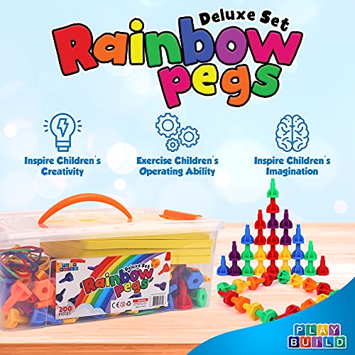 Image of Rainbow Pegs and Board Deluxe 200pc Set, Montessori Baby Toys, Stacking and Lacing Pegs, Baby and Toddler Toys, Play and Learn STEM Toy, Fine Motor Skills, Ages 3+