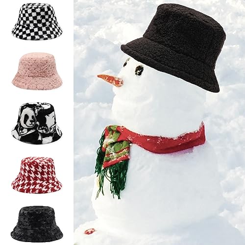 Image of Bucket Hat Women Furry Fuzzy Bucket Hats for Ladies, Winter Warm Fluffy Plush Faux Fur Hat for Women