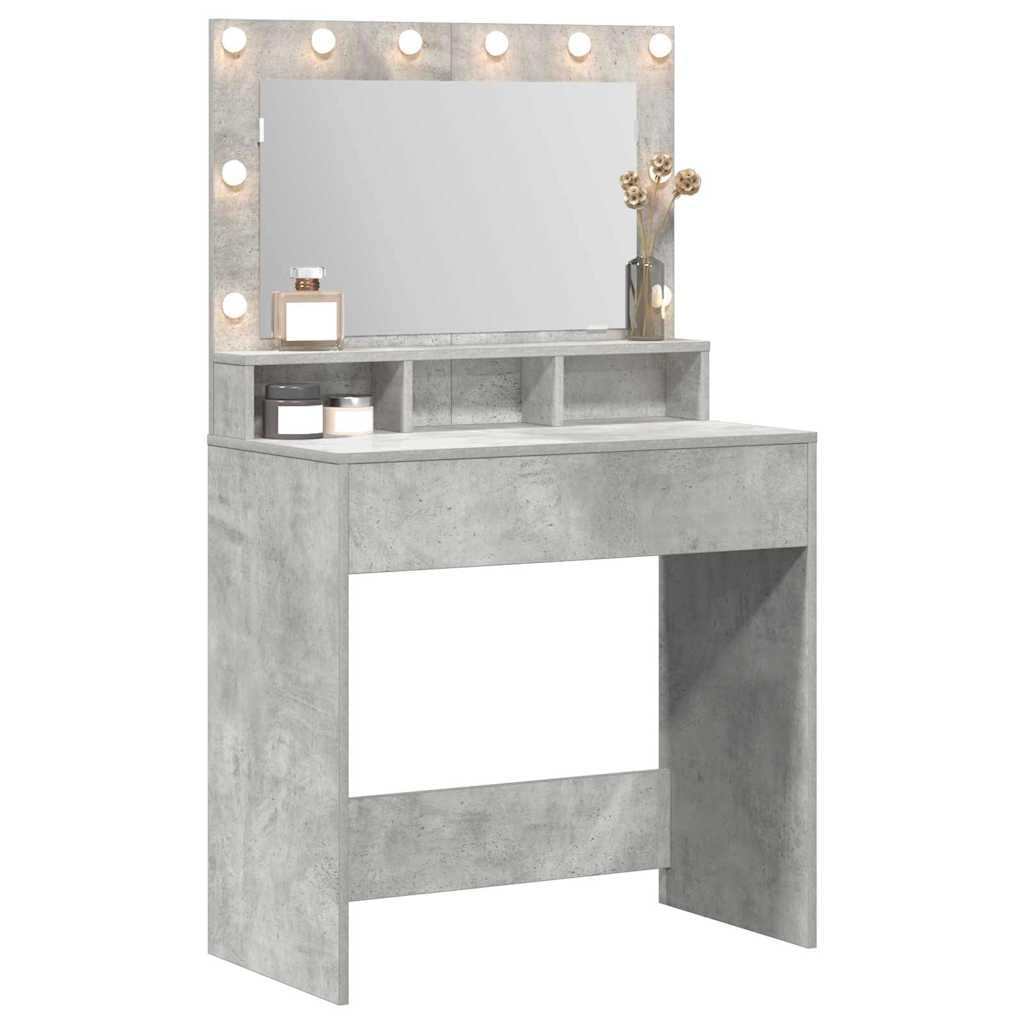 vidaXL Tavolo da Trucco con specchio Grigio cemento 78,5 x 41 x 135 cm, Specchio moderno rettangolare, vanity con luci USB, unità in legno resistente, decorazione casa minimalista