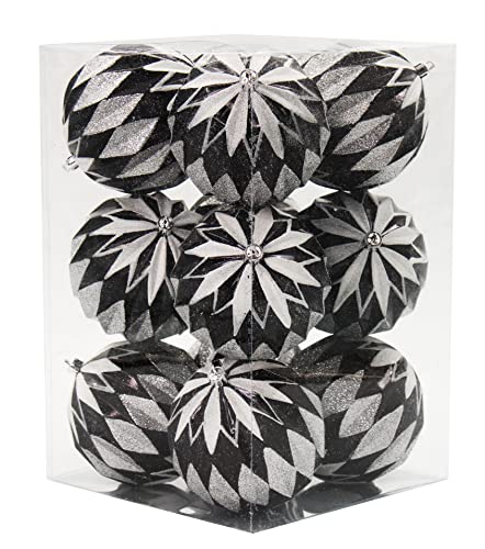 Queens of Christmas 12 Pack Black, White and Silver Assorted Ball Ornaments,Plastic (ORNPK-DIMB-BUF-12)