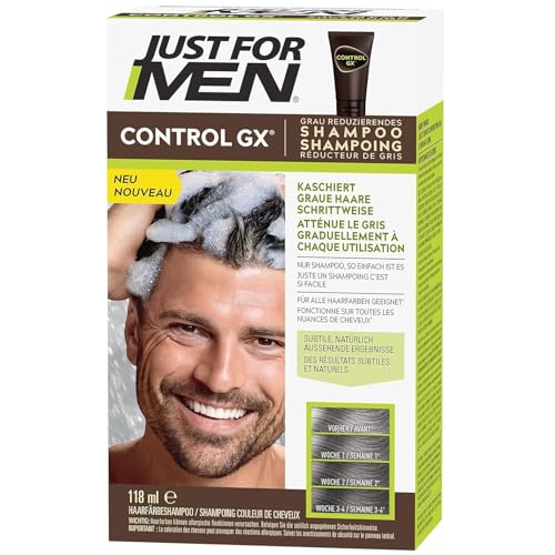 Just For Men Control GX Shampoo, Haarfarbe für Männer, Reduziert Nach Und Nach Graue Haare, Natürliches Ergebnis, Ohne Färbelinien, Mit Kokosöl Und Aloe Vera, 118 ml