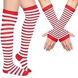 Geyoga Arm Warmers Leg Warmers Striped Thigh High Socks Fingerless Gloves Stockings Christmas Halloween(Red and White)