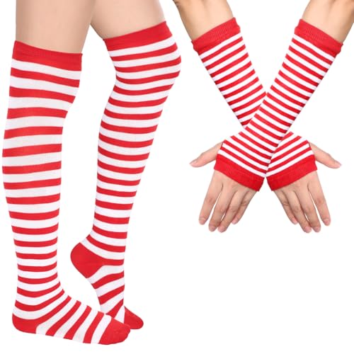 Image of Geyoga Arm Warmers Leg Warmers Striped Thigh High Socks Fingerless Gloves Stockings Christmas Halloween