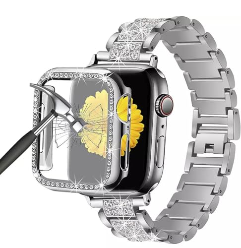 Bracelet Apple Watch 49mm brillant en métal argenté et strass, le cadeau idéal avec coque