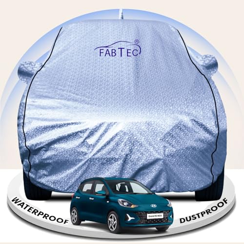 Image of FABTEC Metallic Silver Waterproof Car Body Cover for Hyundai Grand I10 Sun, UV and Dust Protection with Mirror and Antenna Pocket (Reflective Silver with Black Piping)