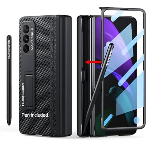 Libeagle Compatible with Samsung Galaxy Z Fold 2 Case [Leather on Back][Capacitance Pen & Hidden Pen Holder][Magnetic Hinge Protection][Adjustable Stand][Wireless Charging] Cover 5G 2020-Carbon Fiber Cover