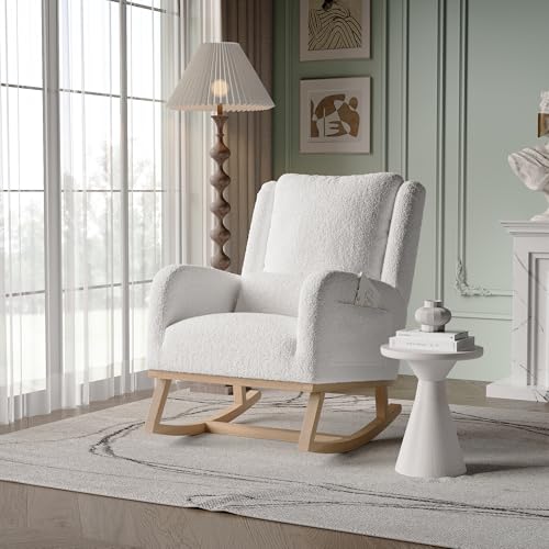 Wnvivi Mecedora, sillón de salón con cojín acolchado, bolsillo lateral y reposabrazos, mecedora de lino, sillón de lactancia, silla mecedora para salón, dormitorio, balcón, color blanco