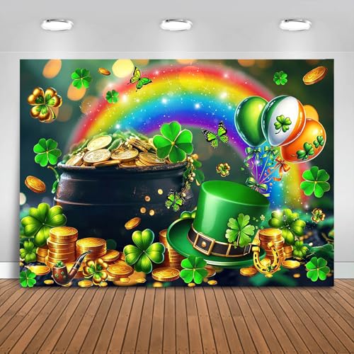 Fitumiw Happy St Patricks Day Backdrop 7x5ft Rainbow Gold Coins St. Patrick's Day Party Decorations Background Green Shamrock Lucky Clover Banner Photo Booth Props