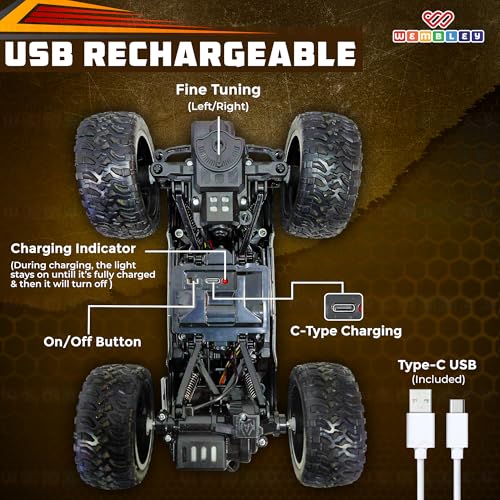 Image of Wembley Defend Climbing Remote Control Car for Kids 4-12 Years, 1:18 RC Monster Truck 2WD with Dual Spray Smoke, LED Lights, 2.4GHz Long Range, Alloy Body Off Road Car, Type C Rechargeable SUV