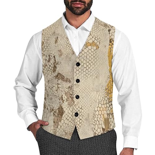 Golden Snake Skin Textures Formal Suit Vest for Men with Pockets for Business Casual Dress Tuxedo Slim Fit