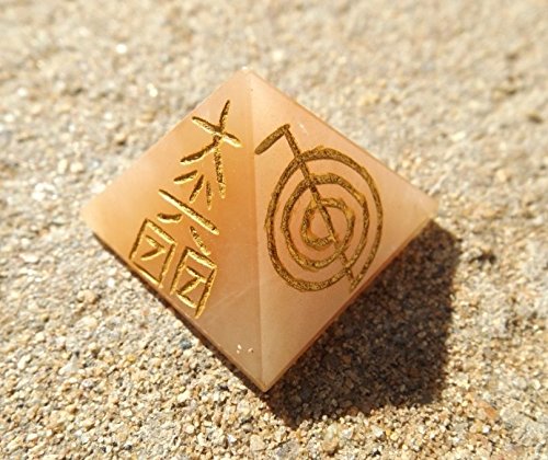 Peach aventurine pyramid engraved 4 reiki and a pentagram symbol~Reiki healing